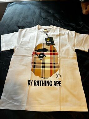 Bape White Short Sleeve Tee with Plaid Ape Head Graphic